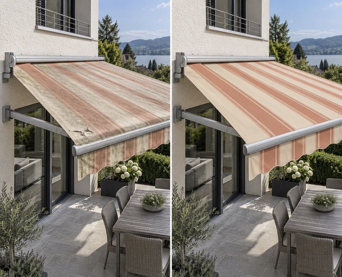Vorher und nachher: verblichene Markise und neuer Markisenstoff auf einer Terrasse