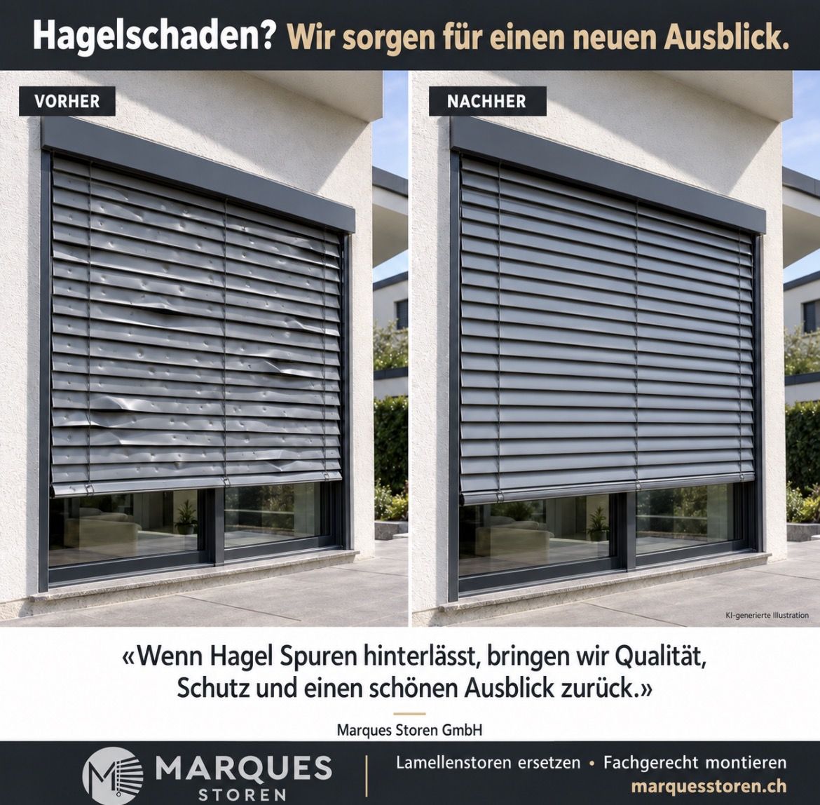 Werbegrafik von Marques Storen: Lamellenstoren nach Hagelschaden vorher und nachher, Lamellenstoren ersetzen, fachgerecht montieren